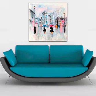 Quadro Arco do Triunfo com pessoas e guarda-chuvas numa rua chuvosa