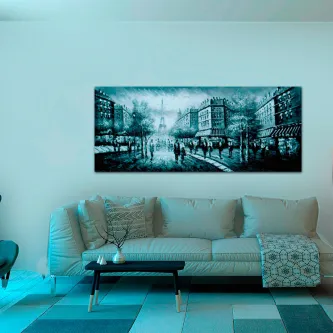 Pintura Paris com cena urbana e Torre Eiffel ao fundo