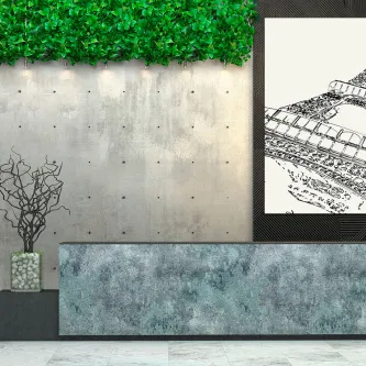 Quadro a preto e branco da Torre Eiffel numa parede de cimento com vaso e folhagem