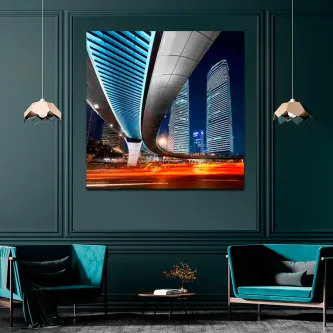 Quadro Shanghai paisagem urbana noturna com viaduto iluminado e arranha-céus