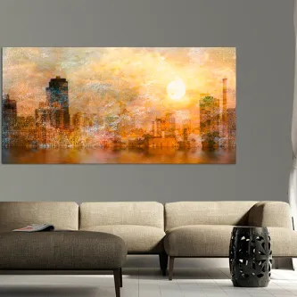 Quadro cidade com paisagem urbana abstrata ao pôr do sol refletida na água