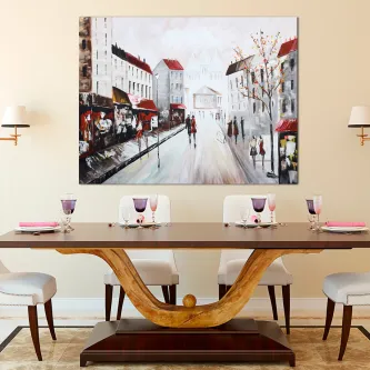 Quadro Cidade Europeia com rua citadina, edifícios, pedestres e esplanadas