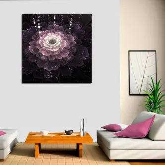 Quadro com flor digital roxa em camadas sobre fundo negro