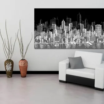 Quadro City Sketch 2 com esboço de cidade branco sobre fundo preto acima de sofá