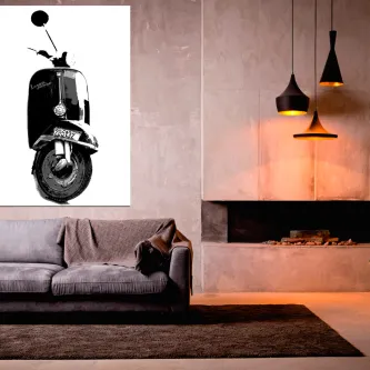 Quadro Vespa 2 com ilustração a preto e branco de uma scooter Vespa numa sala