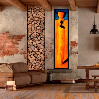 Quadro vertical de mulher africana em silhueta laranja sobre fundo azul