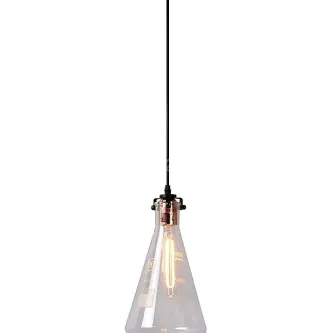Candeeiro Vitri com cúpula de vidro cónica transparente e lâmpada de filamento visível, cabo preto