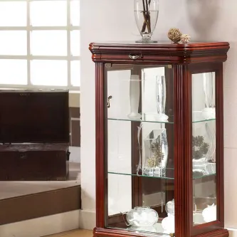 Vitrine de madeira com porta de vidro, prateleiras em vidro e objectos decorativos