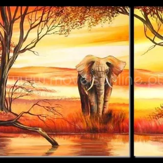 Elefante em pintura tripartida, a caminhar por savana dourada com reflexo na água