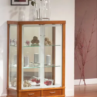 Vitrine facetada 2p vidro em madeira com portas de vidro, prateleiras e gavetas.