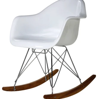 Cadeirão Rocking Tulip branco com assento moldado, base metálica e patins de madeira