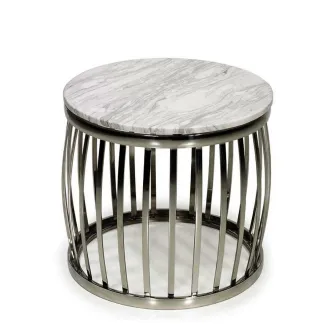 Mesa de apoio 229 com tampo redondo em mármore e base metálica em barras