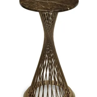 Mesa de apoio Steel com tampo redondo em mármore escuro e base em arames entrelaçados