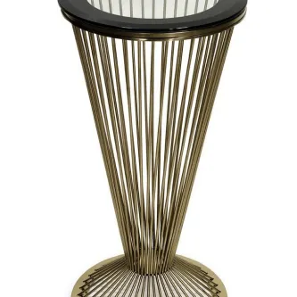 Mesa de apoio Steel 234 com base de varões metálicos dourados em forma cónica e tampo circular preto