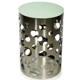 Mesa de apoio 231 cilíndrica em metal com recortes circulares e tampo claro