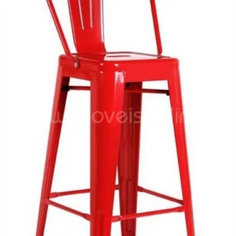 Banco de bar tol-hi em metal vermelho com encosto e apoio para pés