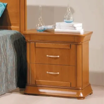 Mesa de cabeceira em madeira castanha com duas gavetas e puxadores metálicos