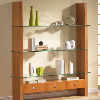 Estante Primavera com prateleiras de vidro, madeira clara e três gavetas