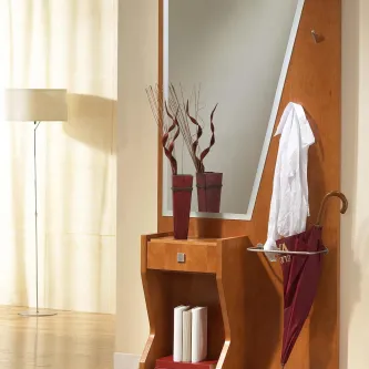 Bengaleiro 1g em madeira com espelho, gancho, suporte para guarda-chuvas e casaco branco