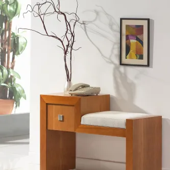 Banco telefone Primavera em madeira com almofada branca e telefone