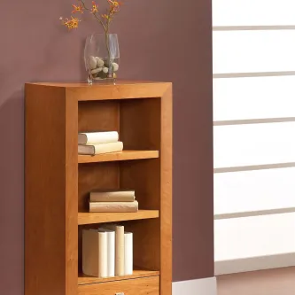 Livreiro 1g Primavera Baixo em madeira com três prateleiras, livros e vaso.
