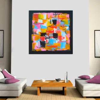Quadro 'Tintas na mão' abstrato colorido com blocos e manchas de tinta vibrante