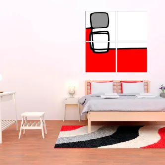 Quadro dívida de quatro com painéis abstratos em vermelho preto e cinzento sobre cama