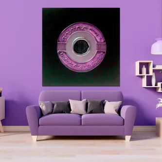 Quadro quadrado com padrão circular marmoreado rosa e centro negro