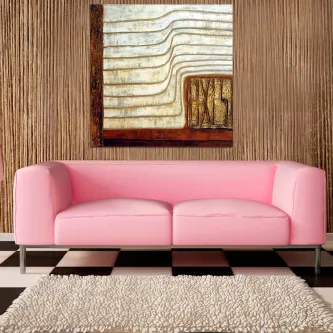 Quadro com linhas enviesadas ondulantes e texturas creme, castanho e dourado