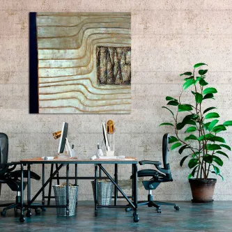 Quadro Canto Azul com pintura abstrata creme, linhas onduladas e faixa azul no canto