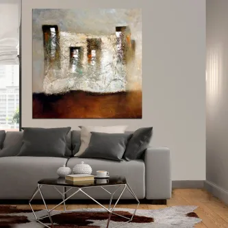 Quadro com formas que lembram janelas abstratas em tons castanho, creme e branco