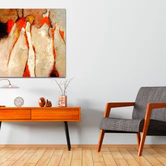 Quadro com feixes laranja e formas abstratas em tons bege e branco
