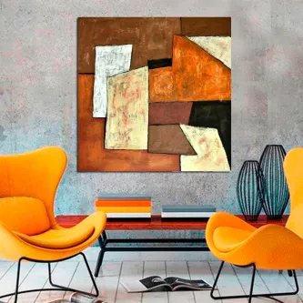 Quadro Disfarce: pintura abstrata geométrica castanha e laranja numa sala com cadeiras laranja
