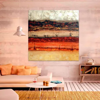 Quadro abstrato com faixas horizontais em creme, vermelho e laranja e números pretos