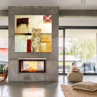 Quadro Altura abstrato com formas geométricas e texturas em tons cremes, vermelho e castanho