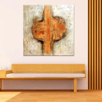 Quadro abstrato bege com forma vertical laranja e texturas rústicas