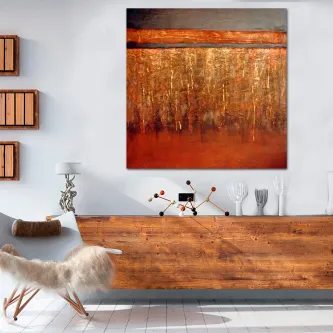 Quadro Subterrâneo com faixas horizontais e texturas douradas sobre fundo laranja avermelhado