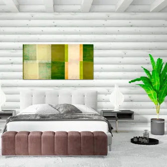 Quadro verde ao cubo com blocos geométricos abstratos na parede branca sobre cama