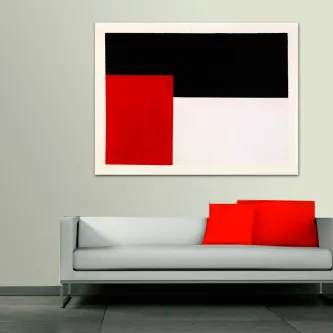Quadro geométricos com retângulos preto e vermelho sobre fundo branco, acima de sofá