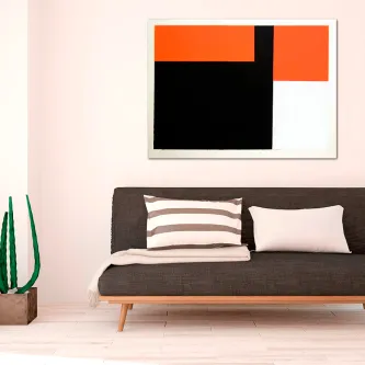 Quadro abstrato com blocos laranja, preto e branco e linhas retas