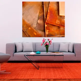 Quadro camadas abstrato com painéis texturados em laranja, cobre e castanho