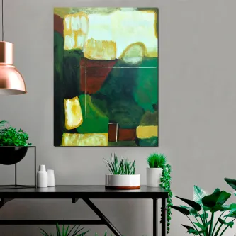 Quadro Tropa abstrato com formas geométricas e manchas verdes e amarelas