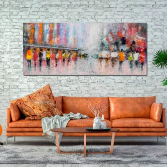 Quadro Personas com figuras abstratas coloridas e reflexos em cenário urbano