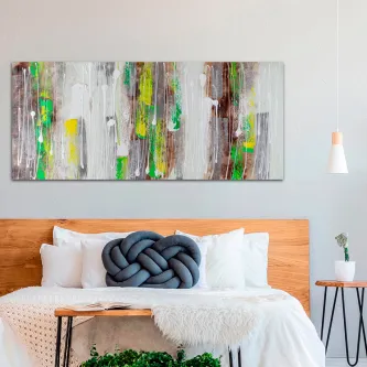 Quadro Level abstrato horizontal com pinceladas verticais brancas, verdes e amarelas