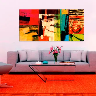 Quadro bene com pintura abstrata vibrante em tons vermelhos, amarelos e verdes