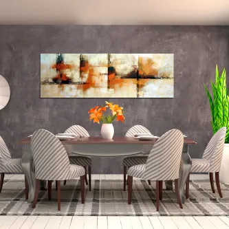 Quadro abstrato 'Feixes de Castanho' em painel triplo acima de mesa de jantar