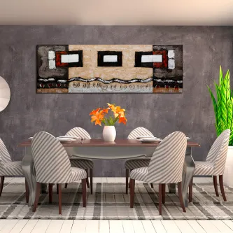 Quadro abstrato horizontal com pequenos retângulos vermelhos, pretos e bege sobre parede cinzenta