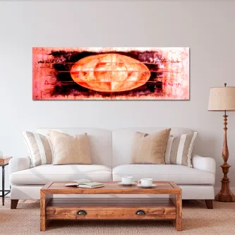 Quadro ovalo com elipse laranja e texturas abstratas sobre fundo claro