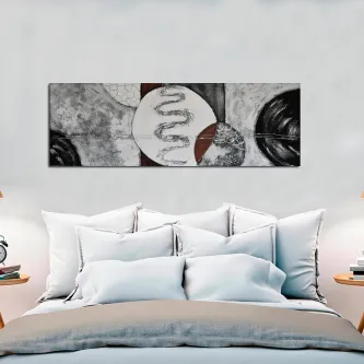 Quadro Tensão Negra abstrato em tons de preto, branco e cinzento com círculos e espiral