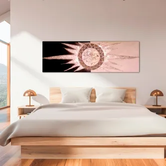 Quadro escuridão solar com círculo metálico e raios sobre fundos preto e rosa, acima da cama